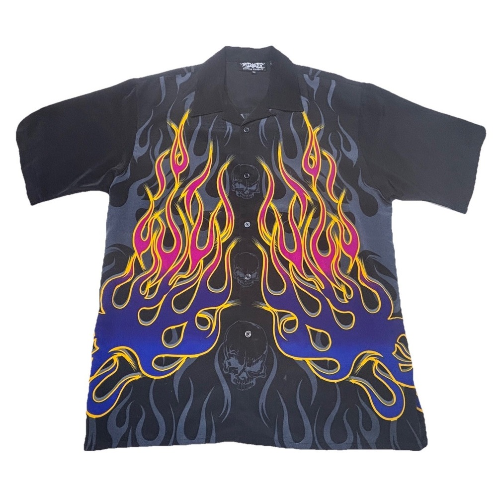 Dragonfly Y2K Flame Skull Button Up Shirt Mens XL Bowling Gothic‎ VTG Button Up